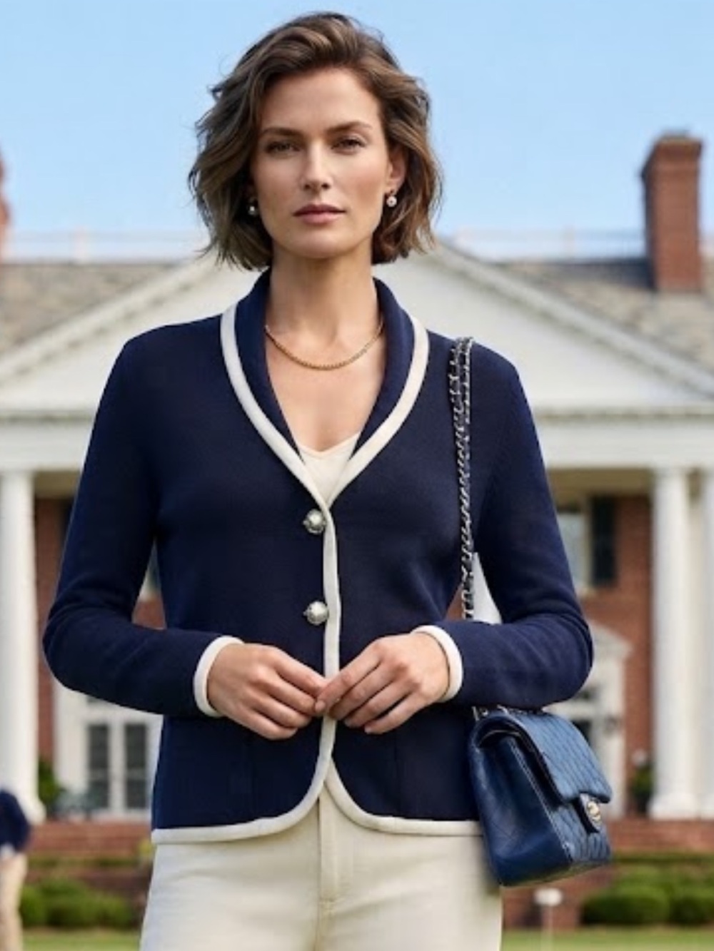Lauren Ralph Lauren navy blue w white trim knit cardigan silver crest buttons